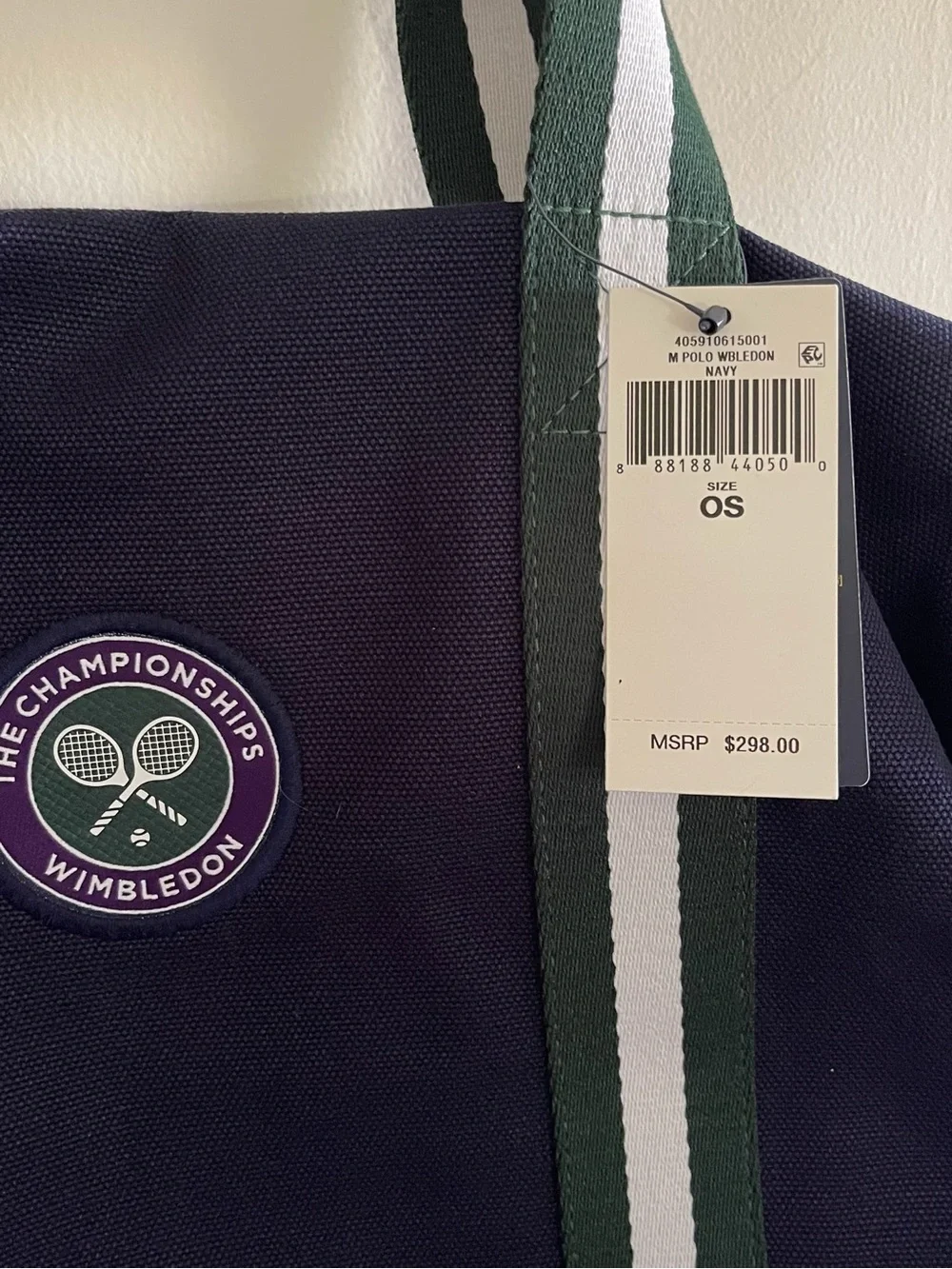 Ralph Lauren Wimbledon Navy Canvas Tote with Green & White Striped Handles